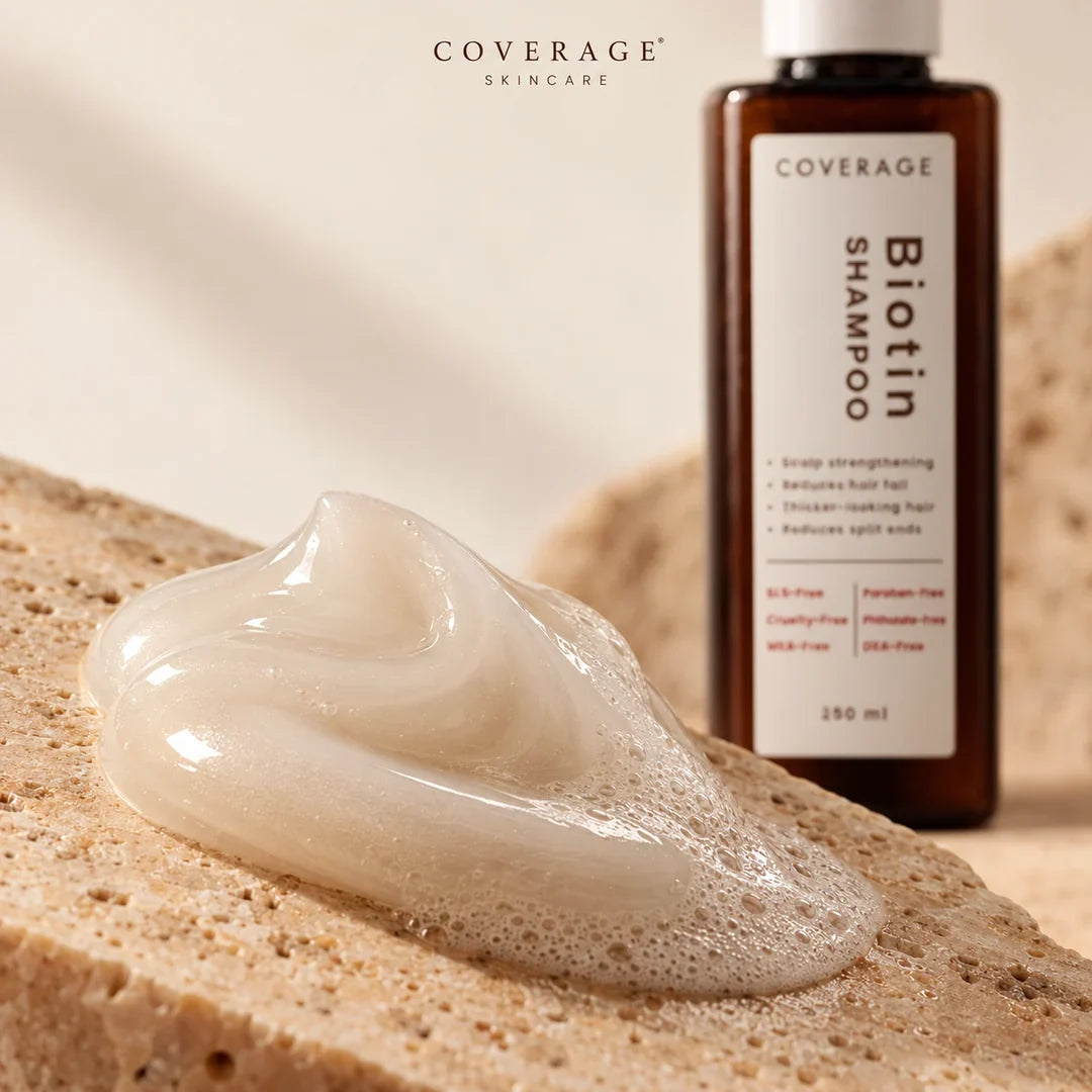 COVERAGE Biotin Shampoo texture close-up, sulphate-free hair fall shampoo with gentle lather