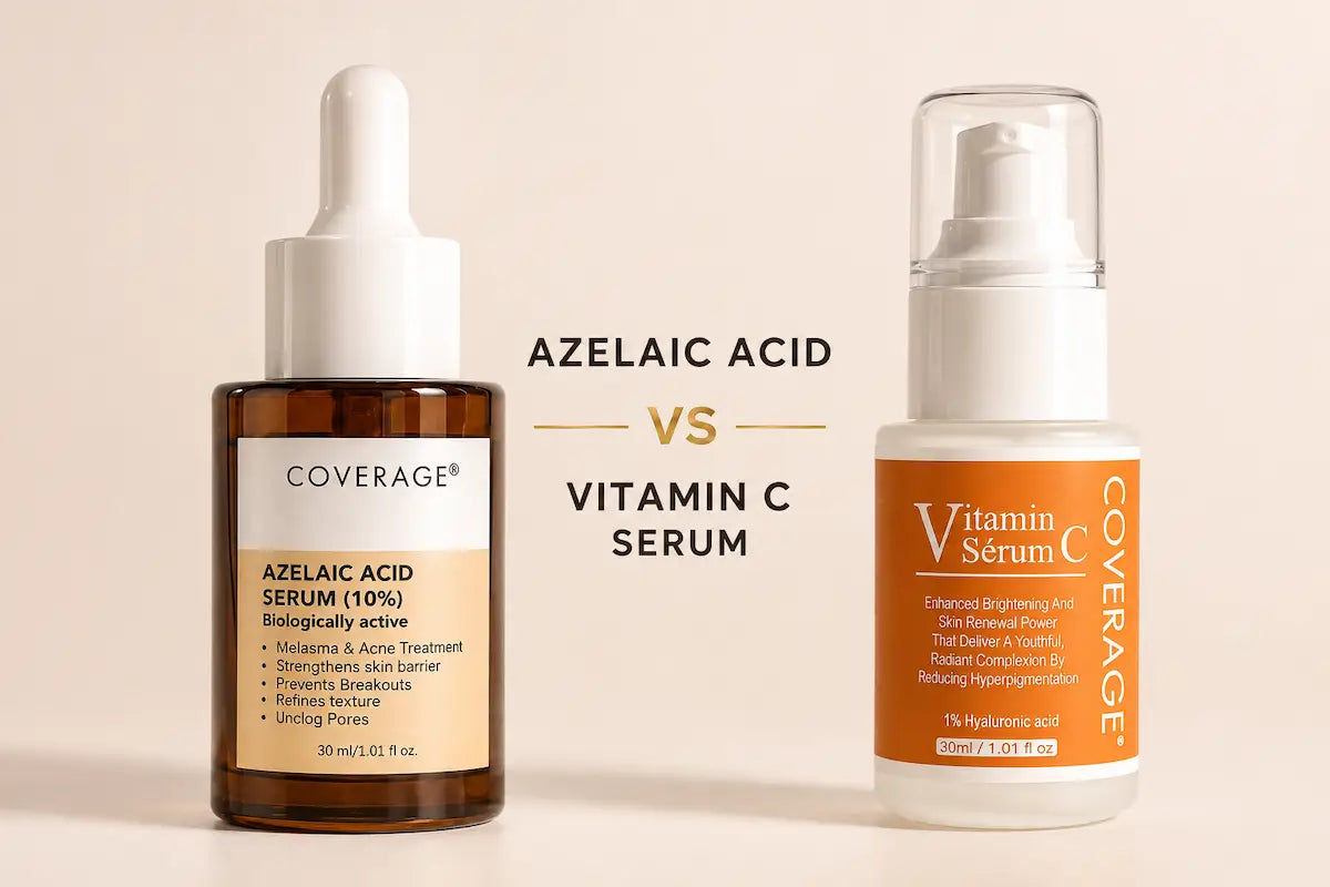 COVERAGE Azelaic Acid 10% and Vitamin C + 1% HA serums side by side for pigmentation on Pakistani skin