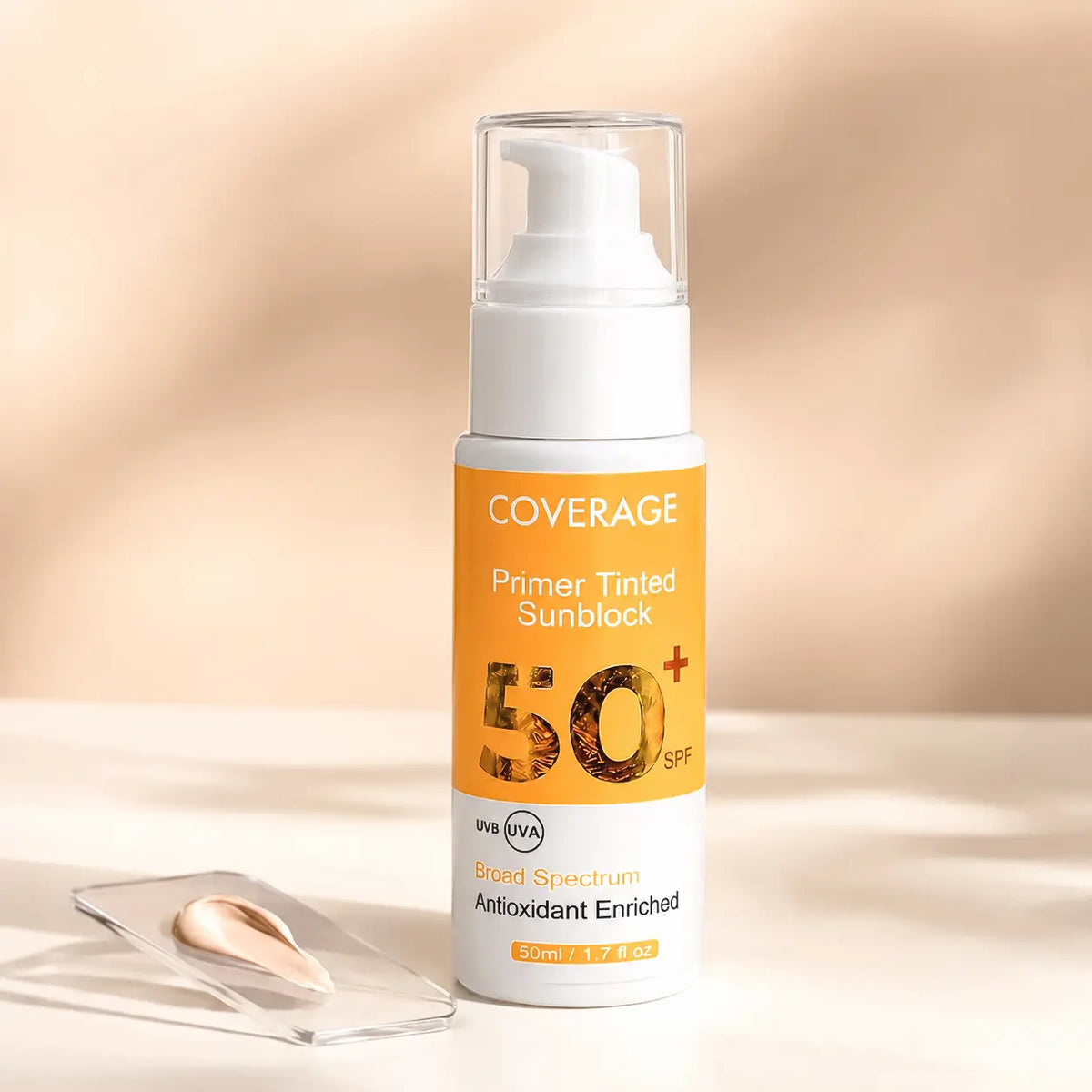 COVERAGE SKINCARE Primer Tinted Sunblock SPF 50+, a 100% mineral tinted sunscreen in Pakistan