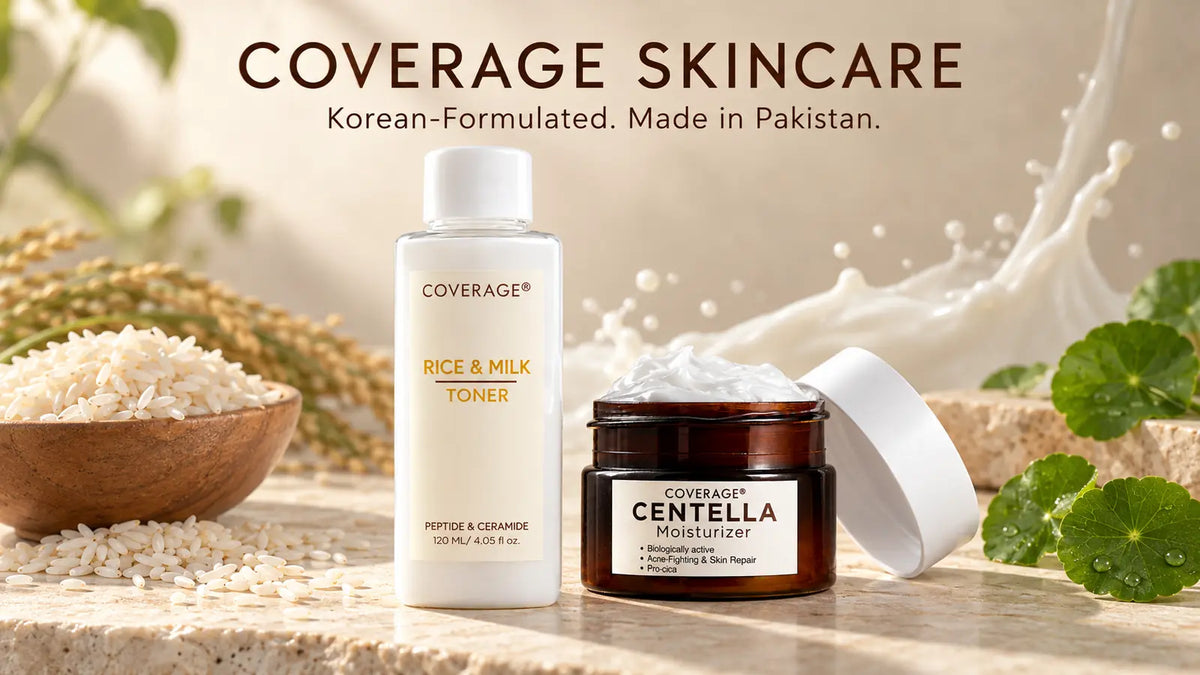 COVERAGE SKINCARE Rice and Milk Toner and Centella Moisturizer, an affordable Korean-formulated alternative to COSRX and Anua in Pakistan