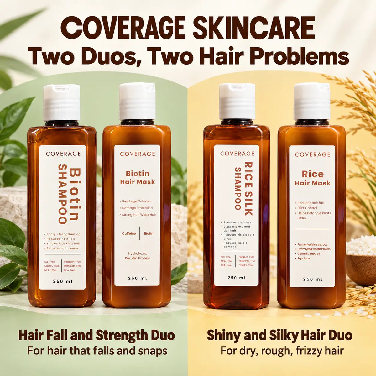 COVERAGE SKINCARE Hair Fall and Strength Duo with Biotin Shampoo and Biotin Hair Mask, and Shiny and Silky Hair Duo with Rice Silk Shampoo and Rice Hair Mask