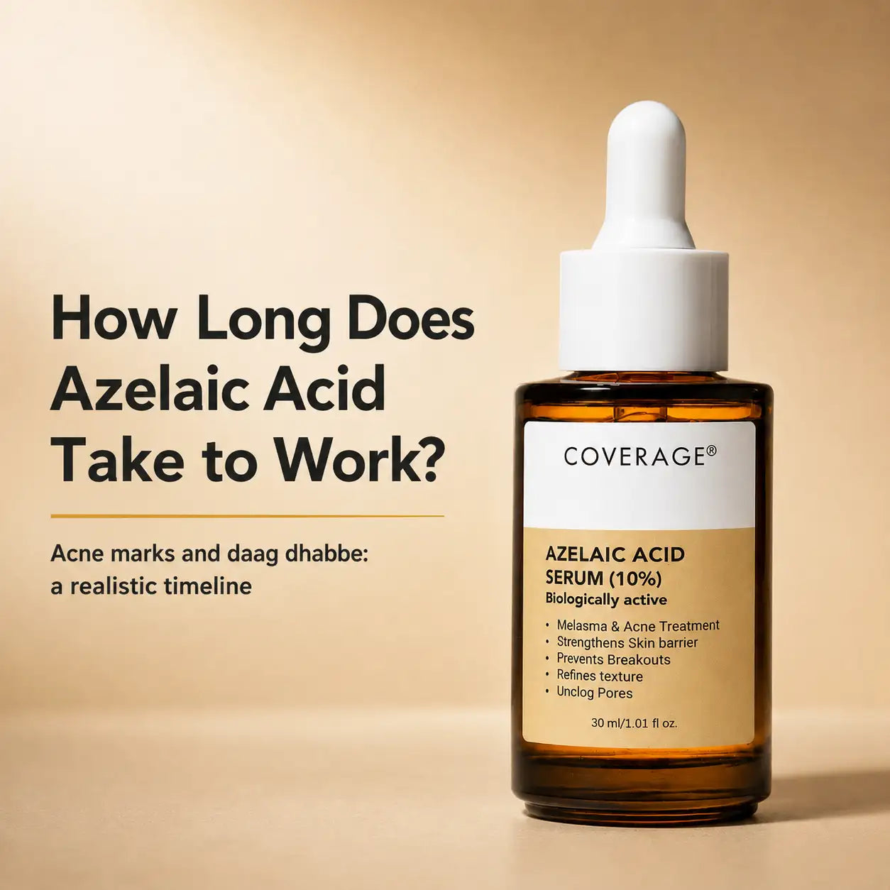 COVERAGE Azelaic Acid 10% Serum in Pakistan, how long azelaic acid takes to work on acne marks and daag dhabbe