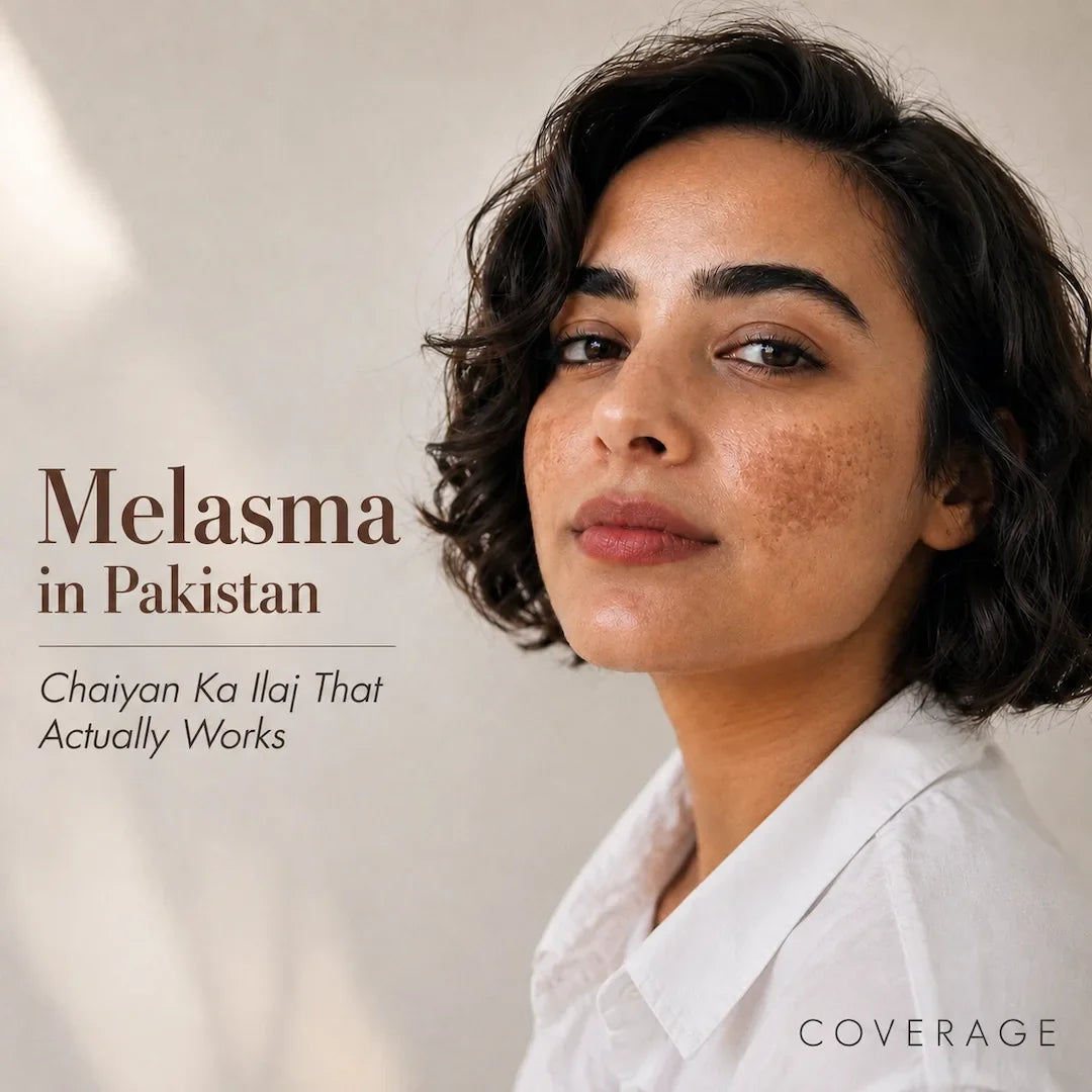 Pakistani woman with melasma patches on her cheek, chaiyan ka ilaj guide by COVERAGE