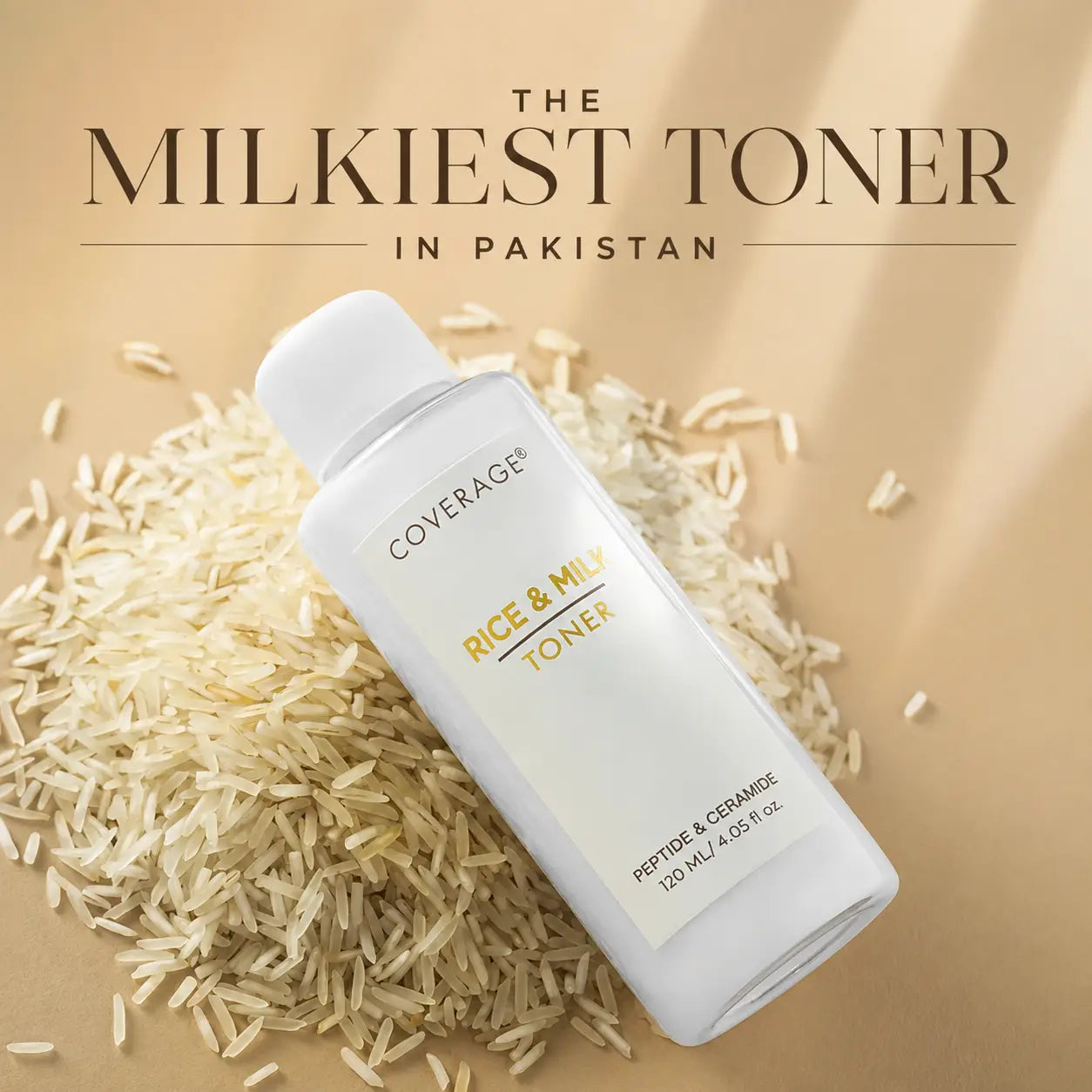 Milkiest rice toner in Pakistan, COVERAGE Rice and Milk Toner 120ml with rice grains