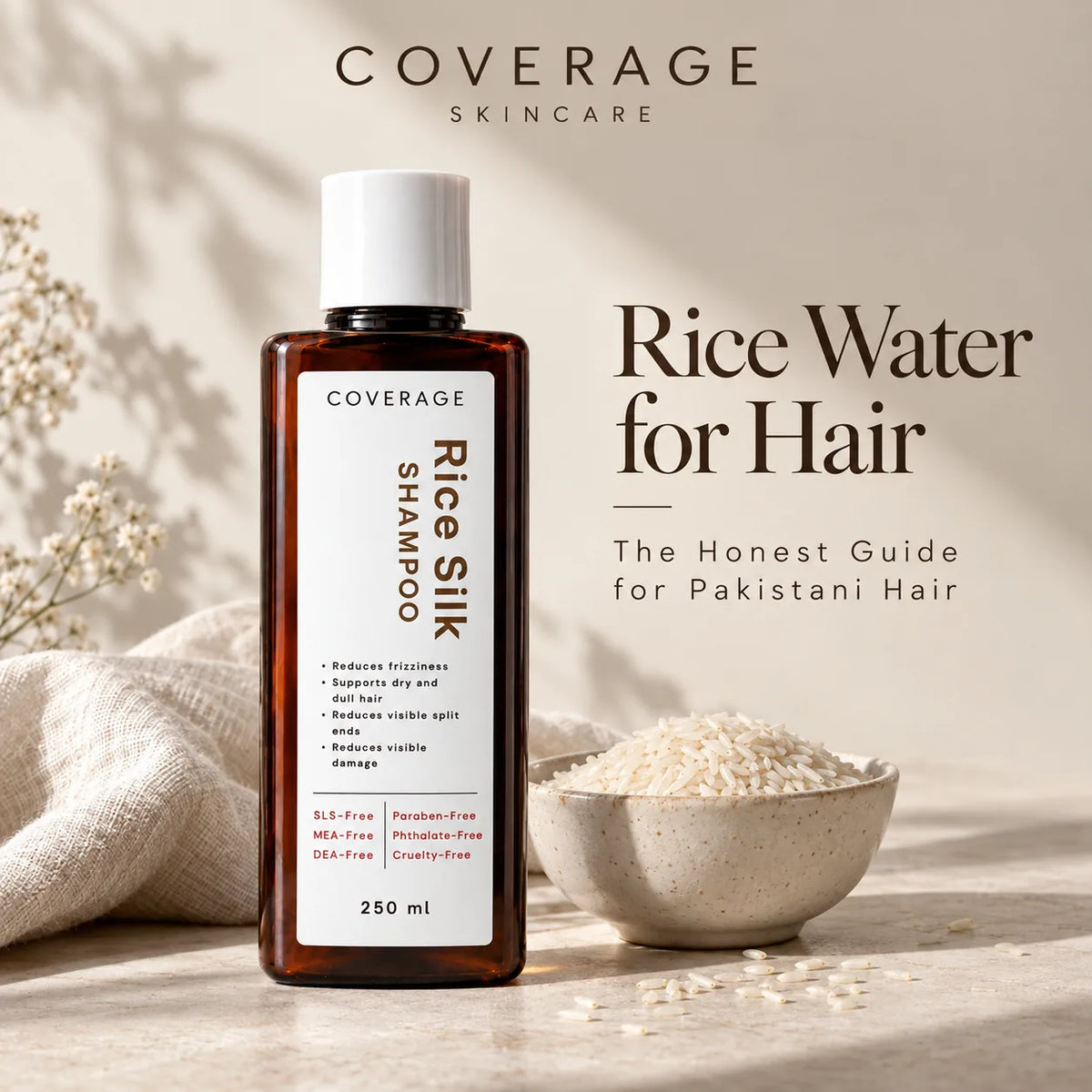 Rice water for hair in Pakistan, COVERAGE Rice Silk Shampoo with a bowl of raw rice, honest guide to chawal ka pani