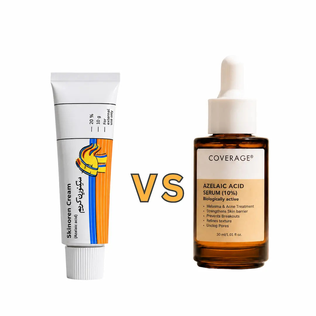 Skinoren 20% azelaic acid cream compared with COVERAGE Azelaic Acid 10% Serum for Pakistani skin