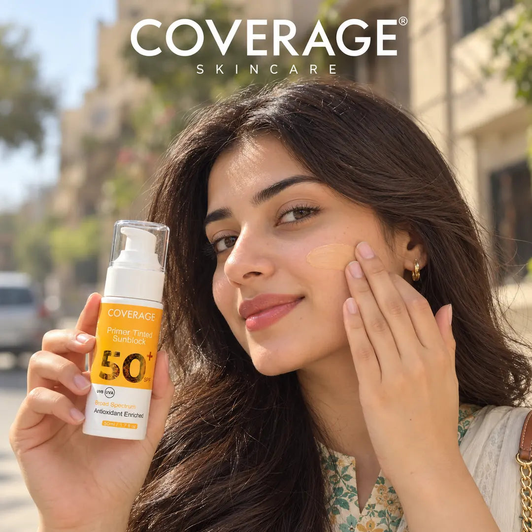 Applying COVERAGE tinted SPF 50+ sunblock before going out in the sun in Pakistan