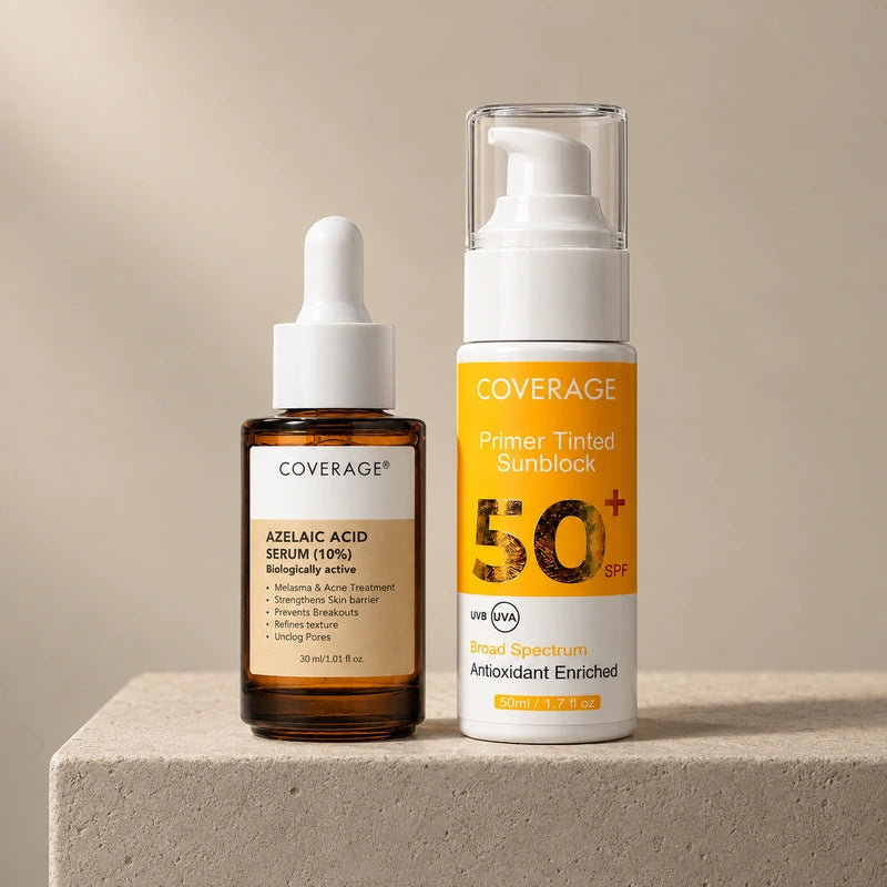 COVERAGE Acne Care & Sun Protection Pakistan - Azelaic Acid 10% serum and Primer Tinted Sunblock SPF 50+ for keel muhase and daag dhabbe