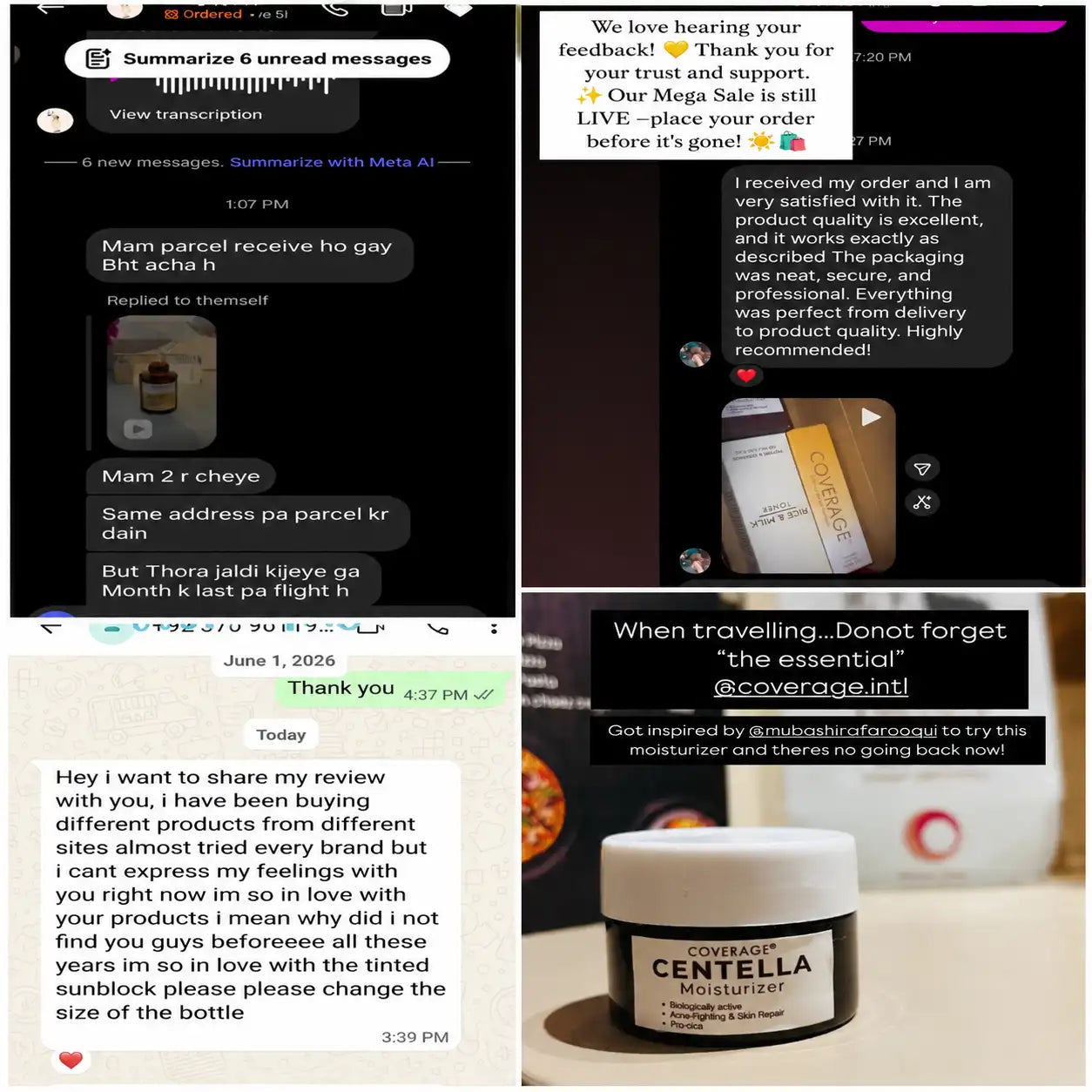 Customer reviews of COVERAGE Rice and Milk Toner and Centella Moisturizer shared on WhatsApp and Instagram