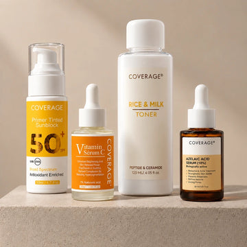 COVERAGE Full Skin Clarity Regimen Pakistan - Rice & Milk Toner, Vitamin C serum, Azelaic Acid 10% and tinted sunblock SPF 50+ for pigmentation and acne