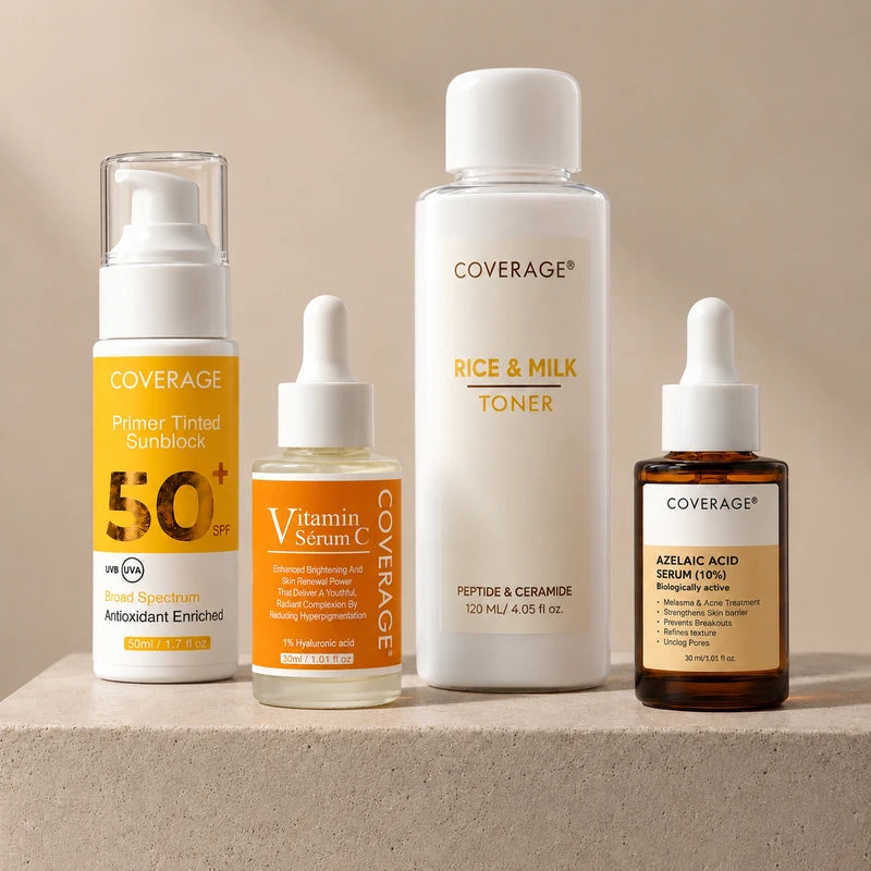 COVERAGE Full Skin Clarity Regimen Pakistan - Rice & Milk Toner, Vitamin C serum, Azelaic Acid 10% and tinted sunblock SPF 50+ for pigmentation and acne