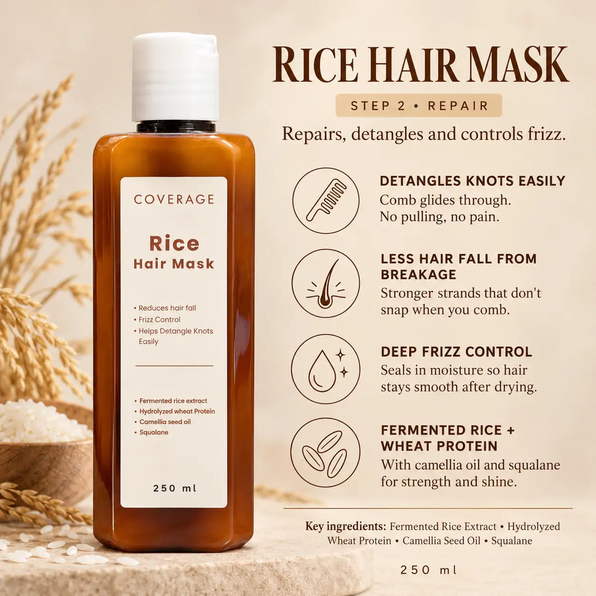 COVERAGE Rice Hair Mask 250ml Pakistan benefits - detangles knots easily, less hair fall from breakage, deep frizz control, with fermented rice extract, wheat protein, camellia oil and squalane