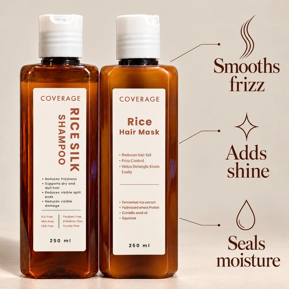 COVERAGE Rice Silk Shampoo and Rice Hair Mask benefits - smooths frizz, adds shine, seals moisture