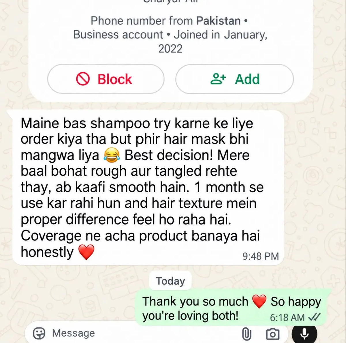 Customer WhatsApp message: rough, tangled hair now smoother after one month of COVERAGE Rice Silk Shampoo and Hair Mask