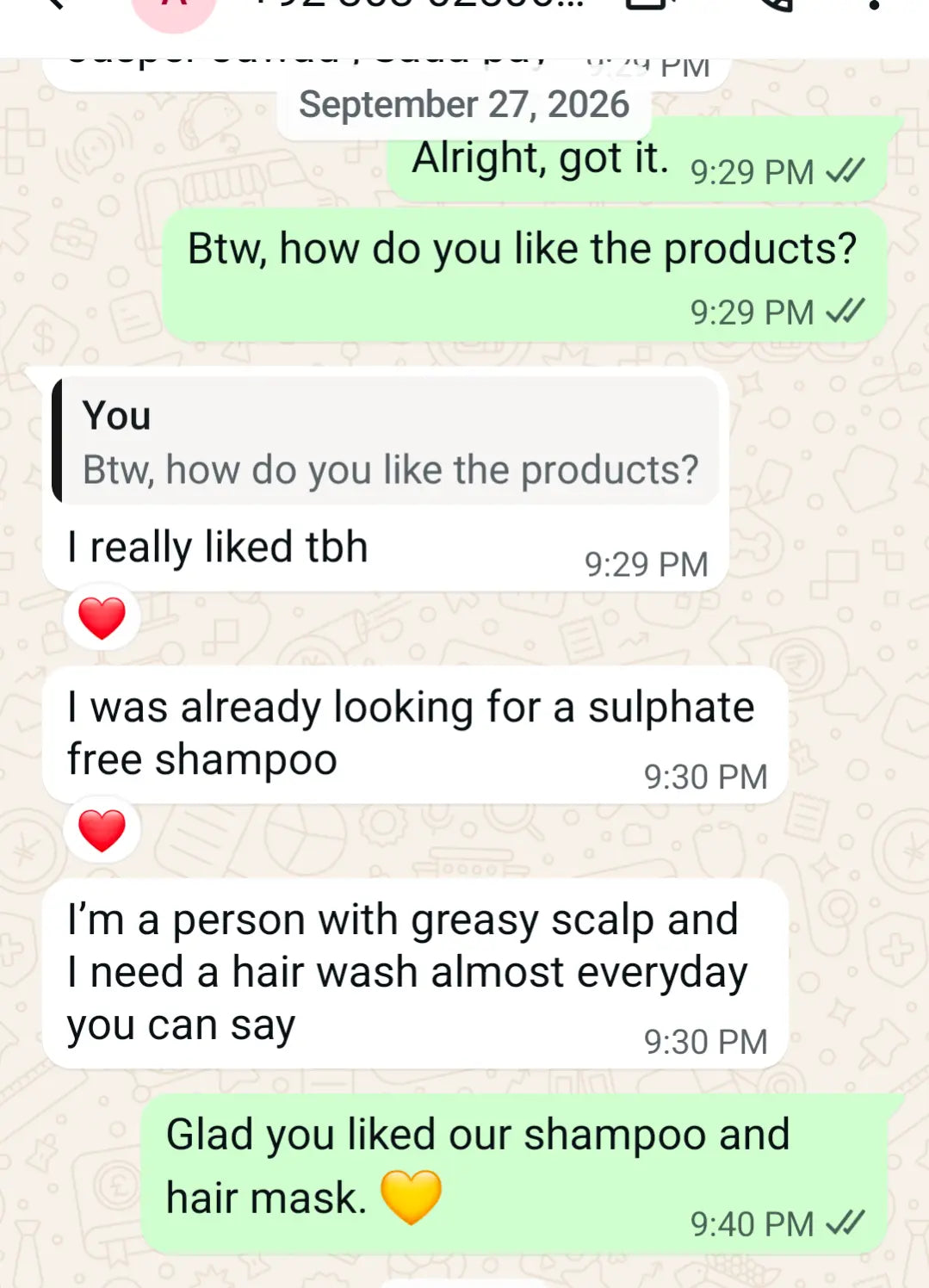 Customer WhatsApp message: liked COVERAGE Rice Silk Shampoo, was looking for a sulphate-free shampoo for greasy scalp