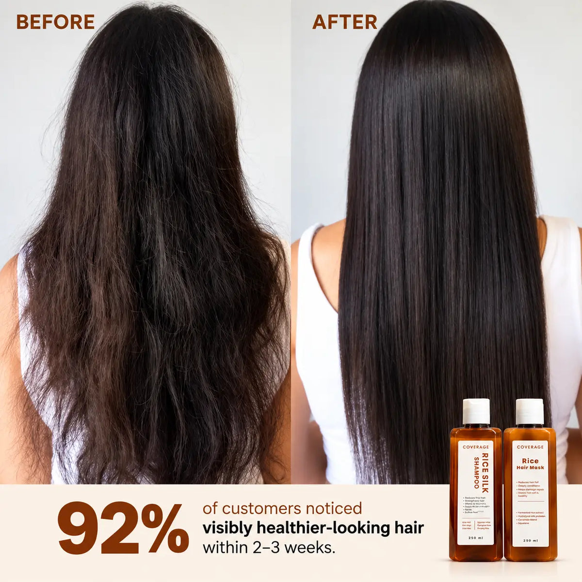 COVERAGE Shiny and Silky Hair Duo Pakistan - before and after results, frizzy hair to smooth shiny hair with Rice Silk Shampoo and Rice Hair Mask