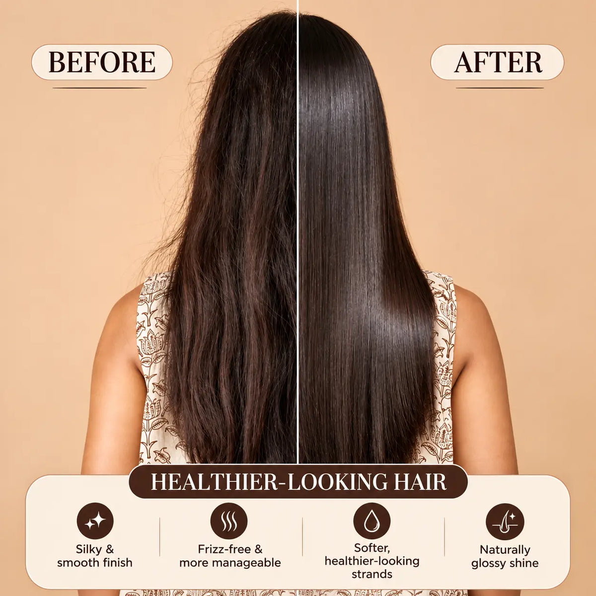 COVERAGE Shiny and Silky Hair Duo Pakistan - before and after hair results with key benefits for frizz, shine and moisture