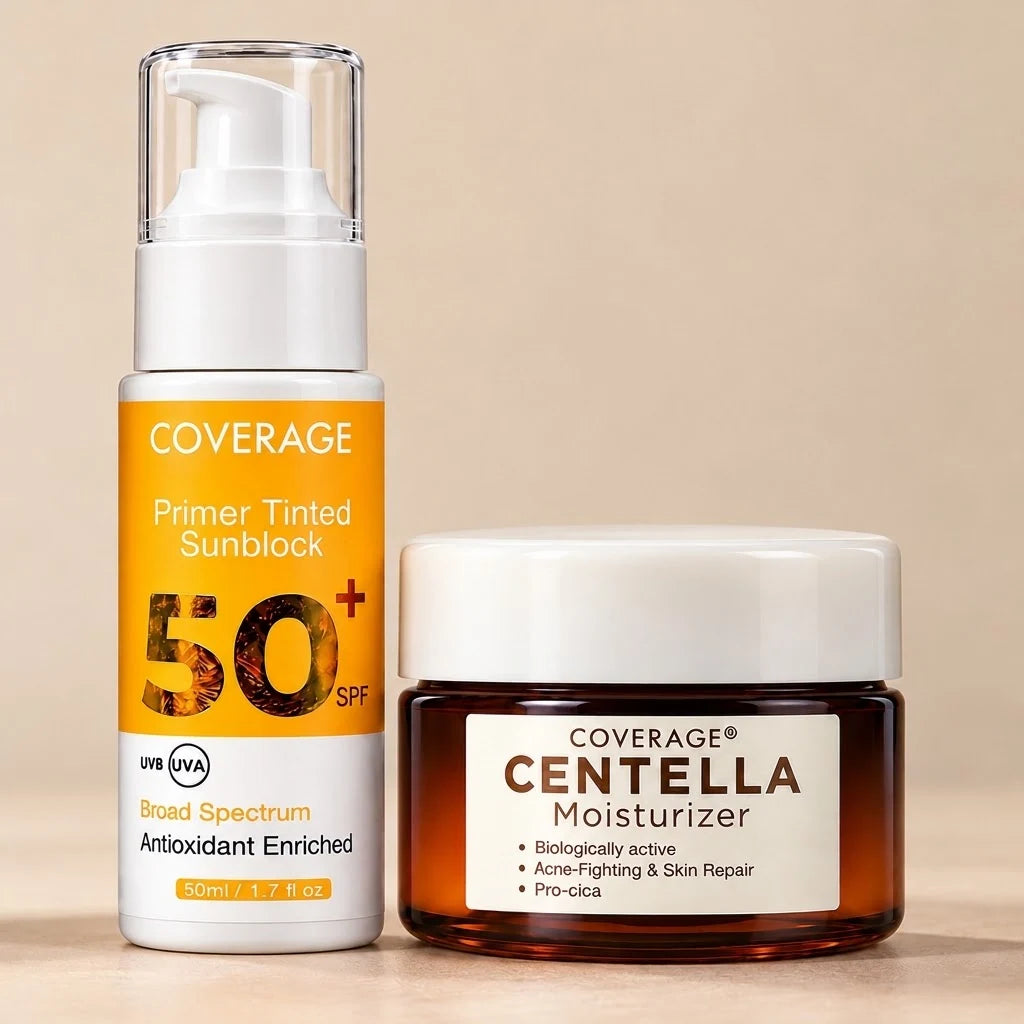 COVERAGE SKINCARE Barrier Repair & Shield Set Pakistan - Centella Moisturizer and Primer Tinted Sunblock SPF 50+ for sensitive skin, barrier repair and daily sun protection