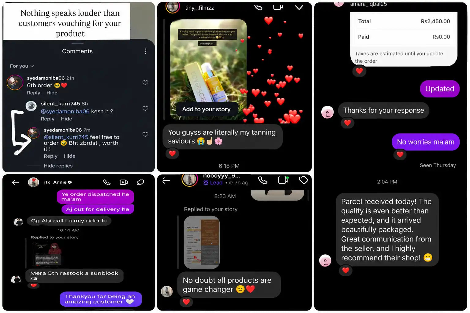 Instagram comments and DMs from COVERAGE customers reordering sunblock for the fifth and sixth time