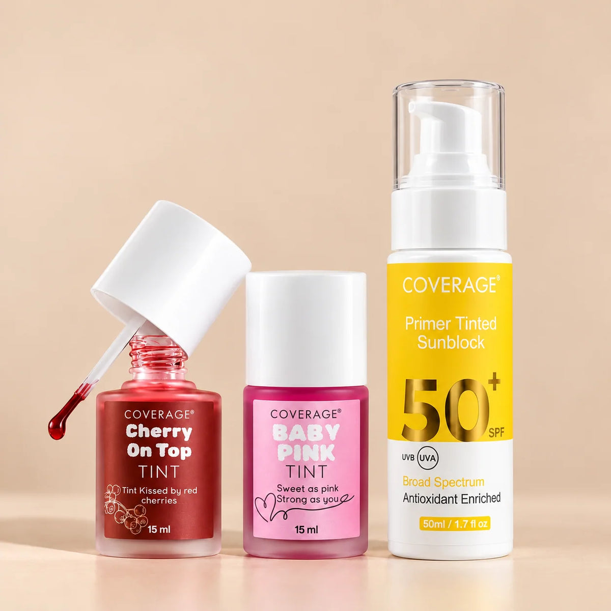 COVERAGE SKINCARE Glam & Protection Kit Pakistan - Cherry On Top and Baby Pink Lip & Cheek Tints with Primer Tinted Sunblock SPF 50+ for natural flush and daily sun protection