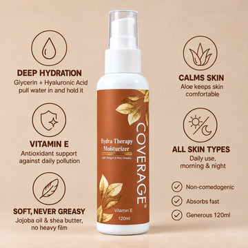 COVERAGE SKINCARE Hydra Therapy Moisturizer 120ml Pakistan - lightweight non-greasy daily moisturizer with Vitamin E, hyaluronic acid, glycerin, jojoba oil and aloe for dry skin and all skin types