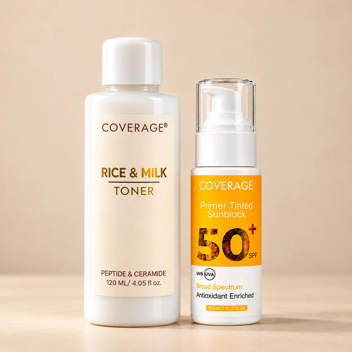 COVERAGE SKINCARE Milky Sun Protection Pakistan - Rice & Milk Toner with peptide and ceramide and Primer Tinted Sunblock SPF 50+ for hydration and daily sun protection