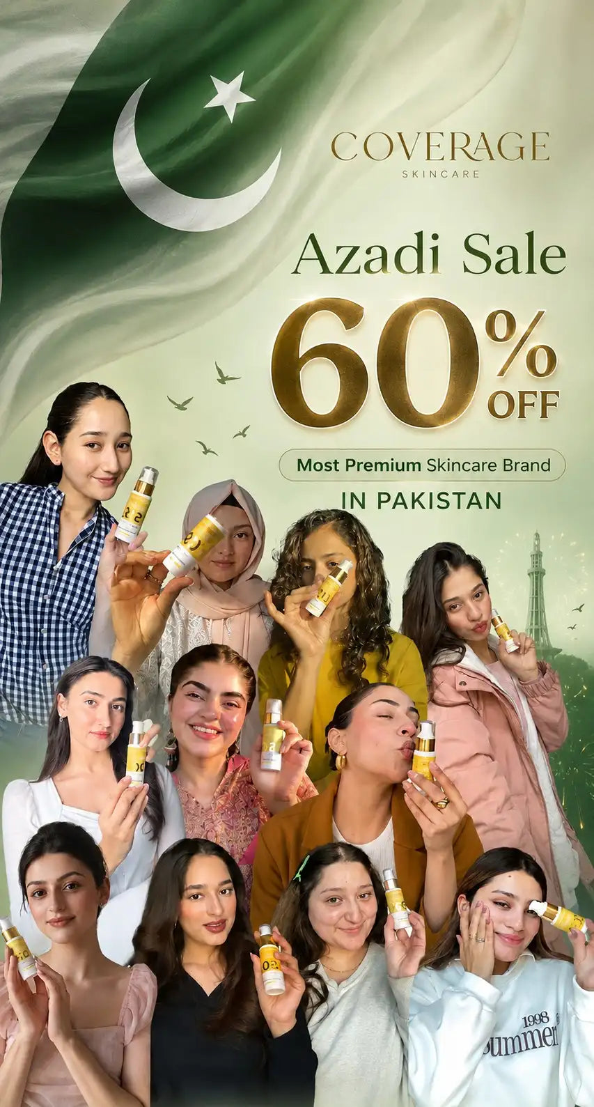 Coverage Skincare Azadi Sale 60% Off banner featuring Pakistani women with premium skincare products and Pakistan flag