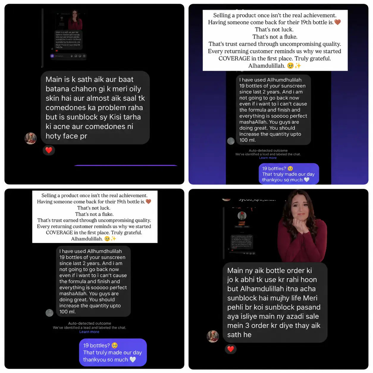 COVERAGE Skincare customer messages praising the tinted sunblock, including a buyer on her 19th bottle in two years