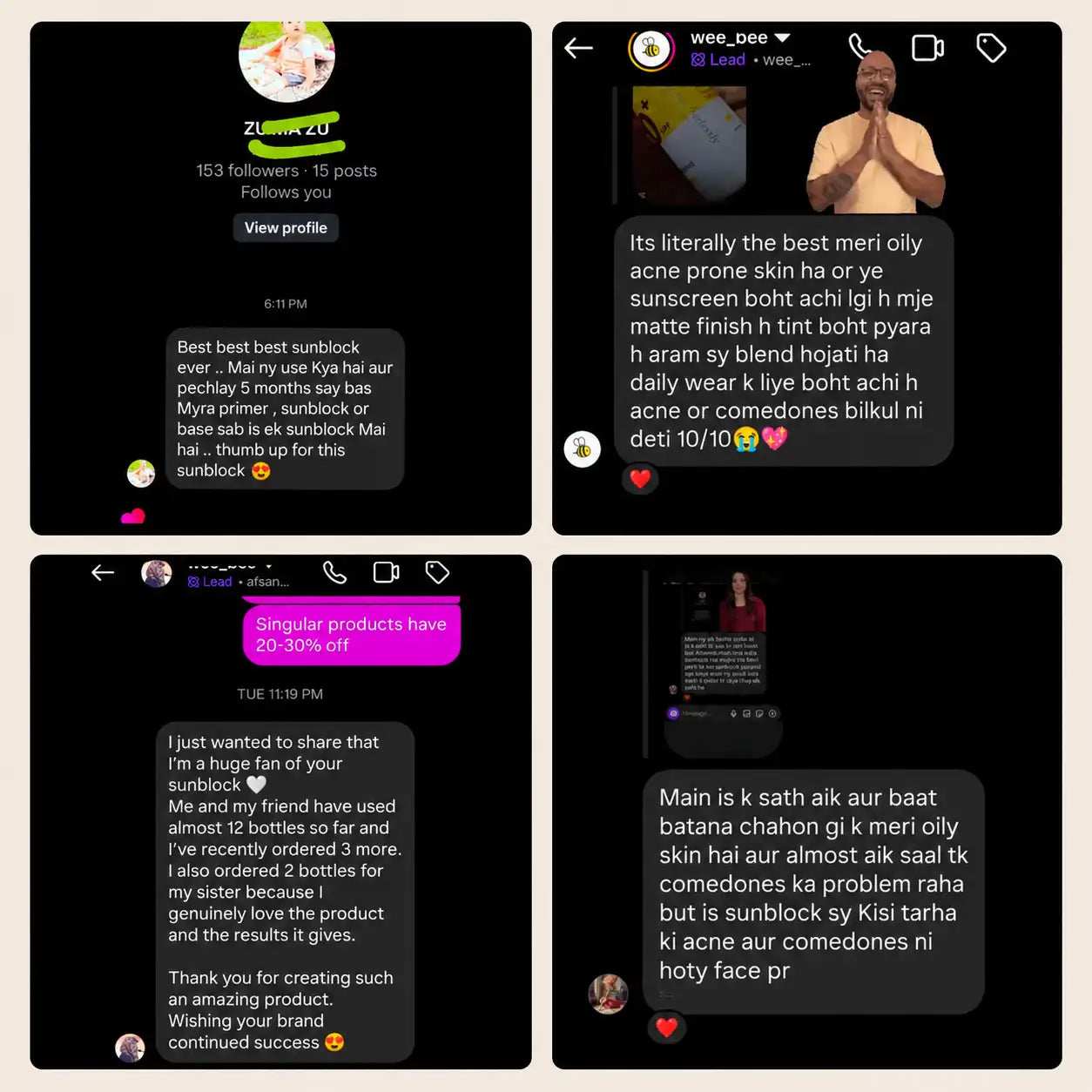 Messages from COVERAGE customers with oily acne-prone skin rating the tinted sunblock 10 out of 10