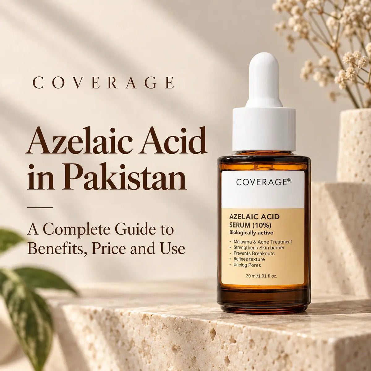 Azelaic Acid in Pakistan - a complete guide to benefits, price and use, with the COVERAGE Azelaic Acid 10% Serum bottle