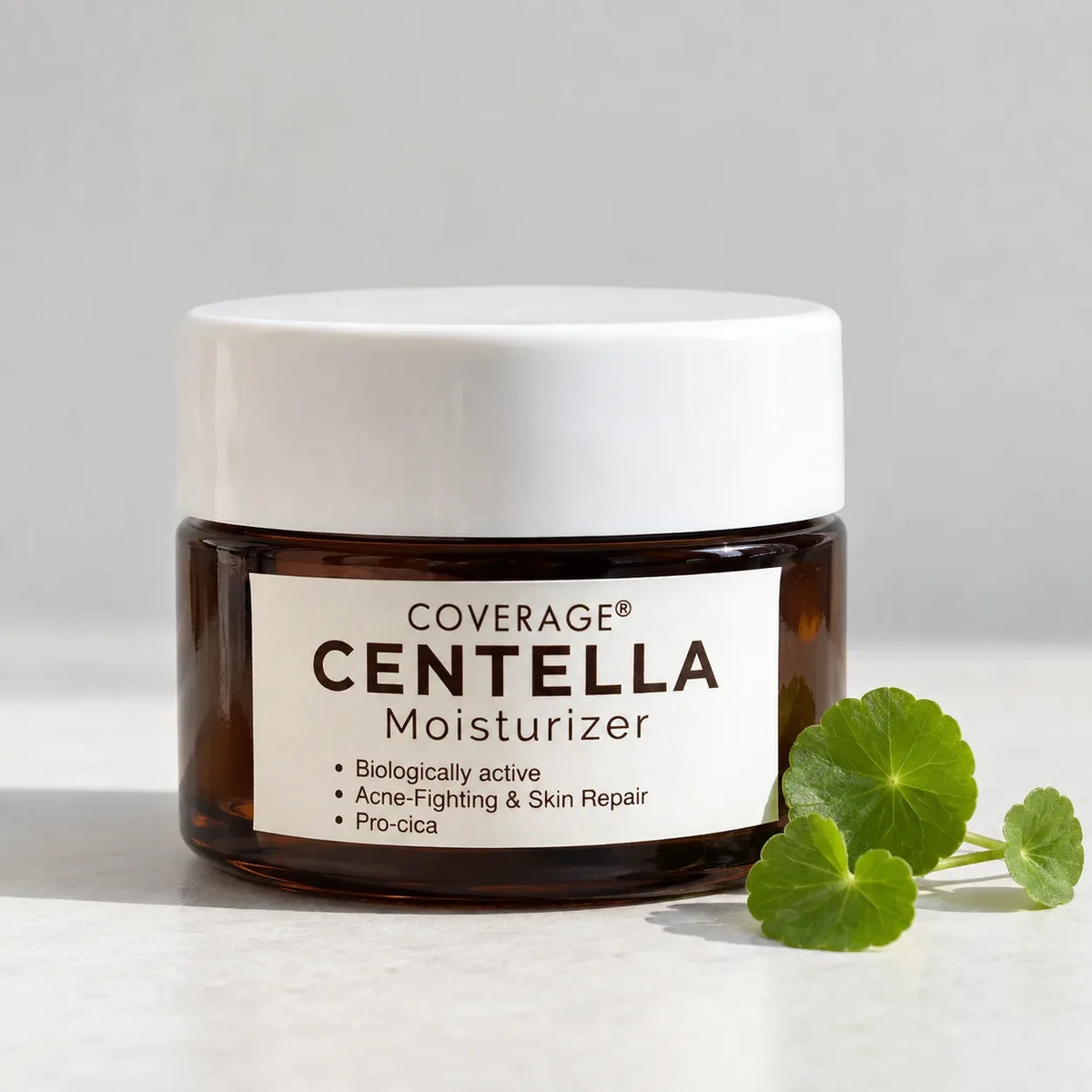 COVERAGE Centella Moisturizer 60ml jar with fresh centella asiatica leaves, cica barrier repair cream for oily and acne prone skin in Pakistan
