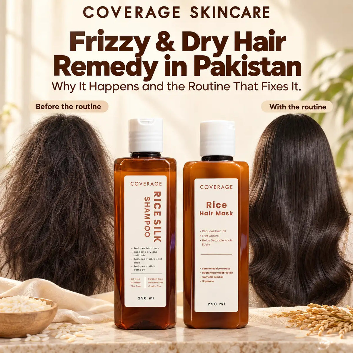 COVERAGE SKINCARE frizzy and dry hair remedy in Pakistan: before and after with Rice Silk Shampoo and Rice Hair Mask