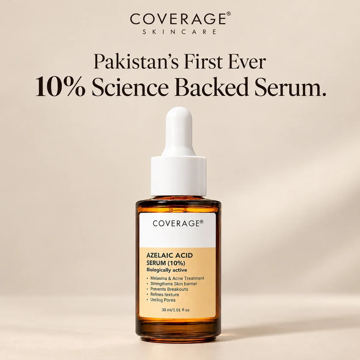 COVERAGE Skincare Pakistan's first 10% science-backed Azelaic Acid Serum bottle
