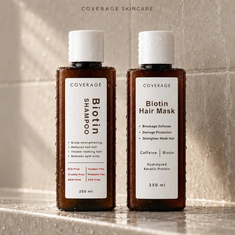 COVERAGE Biotin Shampoo and Biotin Hair Mask 250ml on a wet bathroom shelf, hard water and hair fall in Pakistan