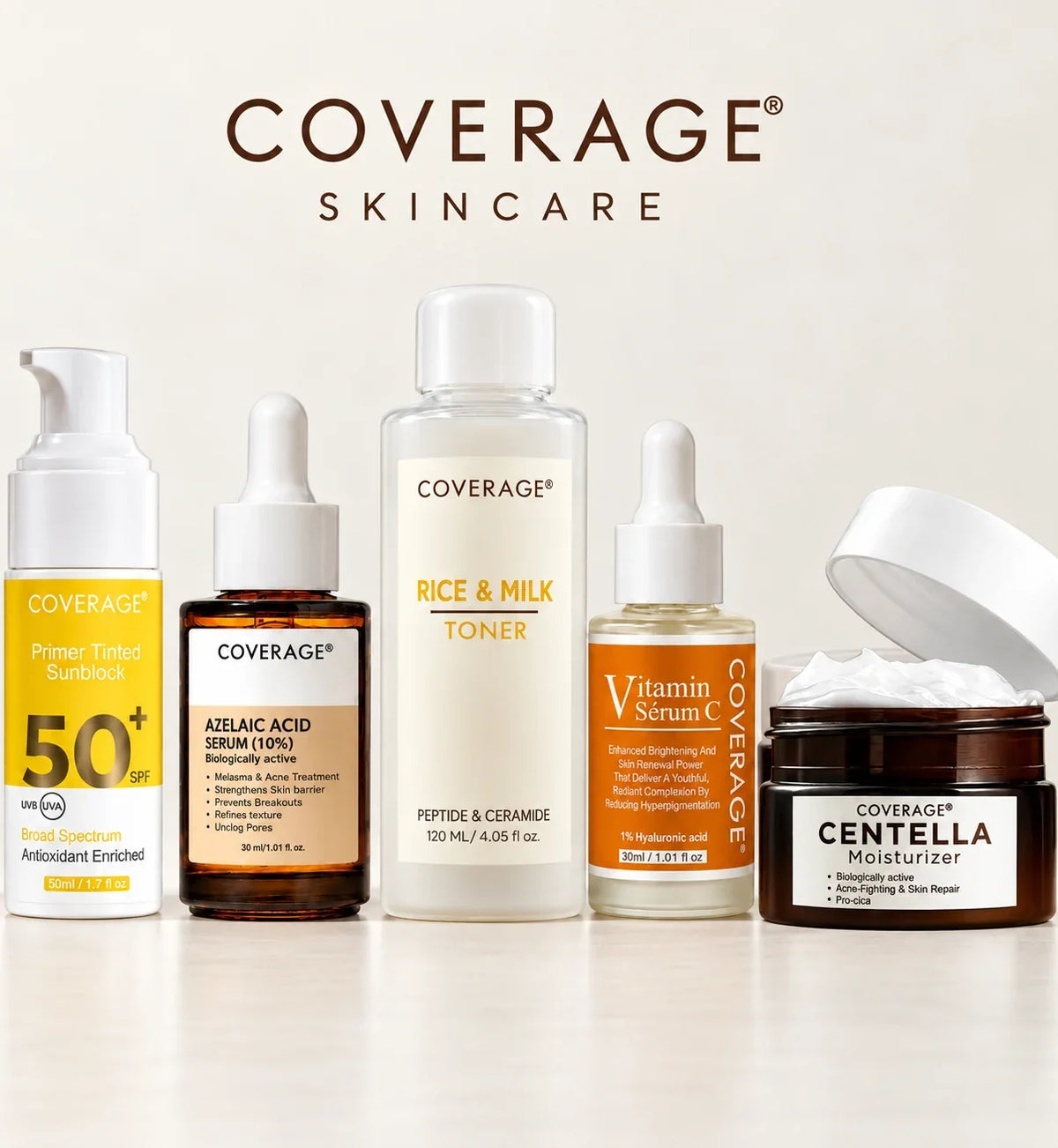 COVERAGE Skincare product line-up in Pakistan with Primer Tinted Sunblock SPF 50+, Azelaic Acid 10% Serum, Rice and Milk Toner, Vitamin C Serum and Centella Moisturizer