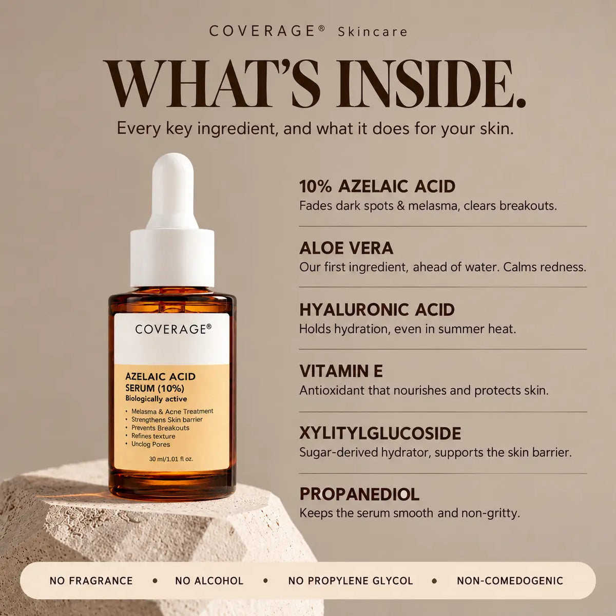 COVERAGE Azelaic Acid 10% Serum ingredients: azelaic acid, aloe vera, hyaluronic acid, vitamin E. Fragrance and alcohol free