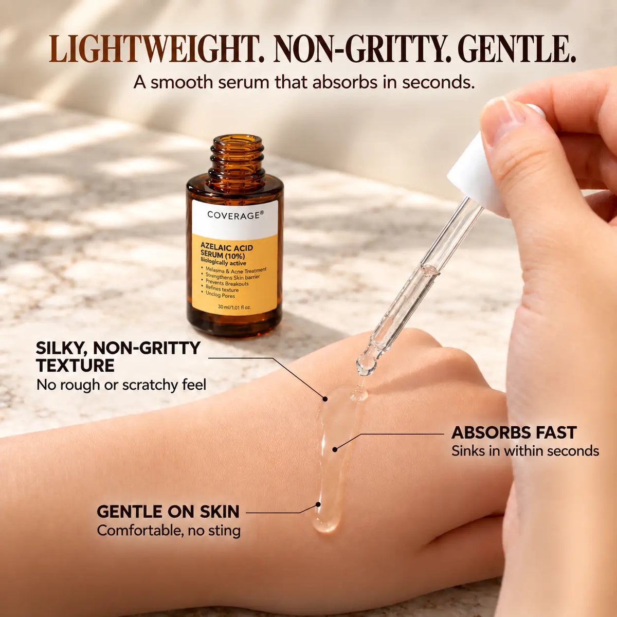 COVERAGE Azelaic Acid 10% Serum swatch on hand showing a lightweight, non-gritty, fast-absorbing texture
