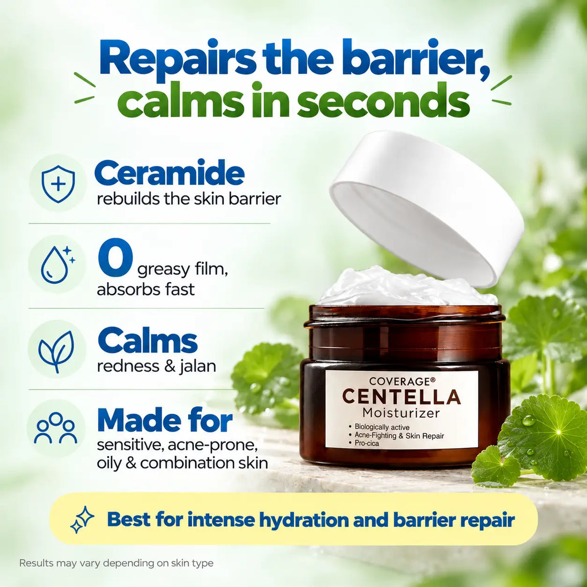 COVERAGE Centella Moisturizer Pakistan benefits - ceramide rebuilds the skin barrier, non-greasy and absorbs fast, calms redness and jalan, for sensitive, acne-prone, oily and combination skin