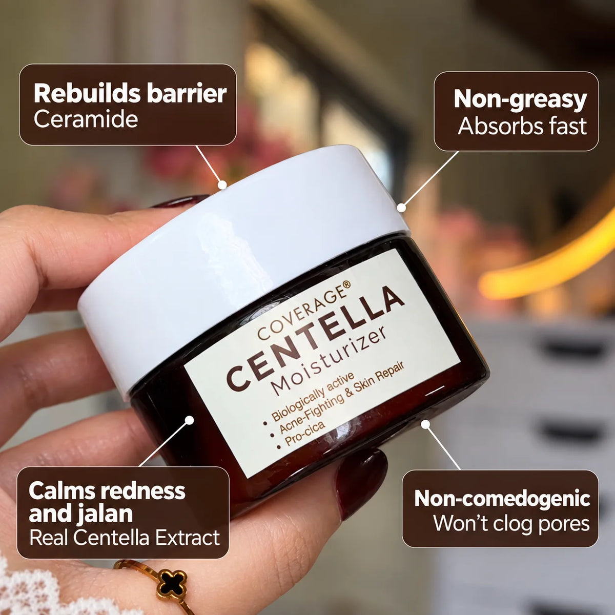 COVERAGE Centella Moisturizer Pakistan held in hand - rebuilds skin barrier with ceramide, calms redness and jalan with real centella extract, non-greasy and non-comedogenic
