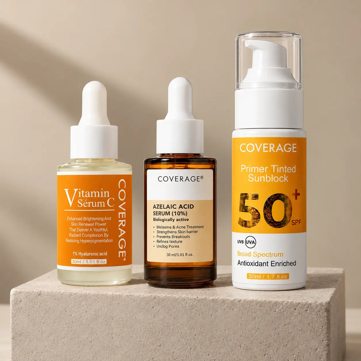 COVERAGE Melasma, Dark Spots & Acne Marks Treatment Pakistan - Azelaic Acid 10%, Vitamin C serum and tinted sunblock SPF 50+ for chhaiyan and daag dhabbe