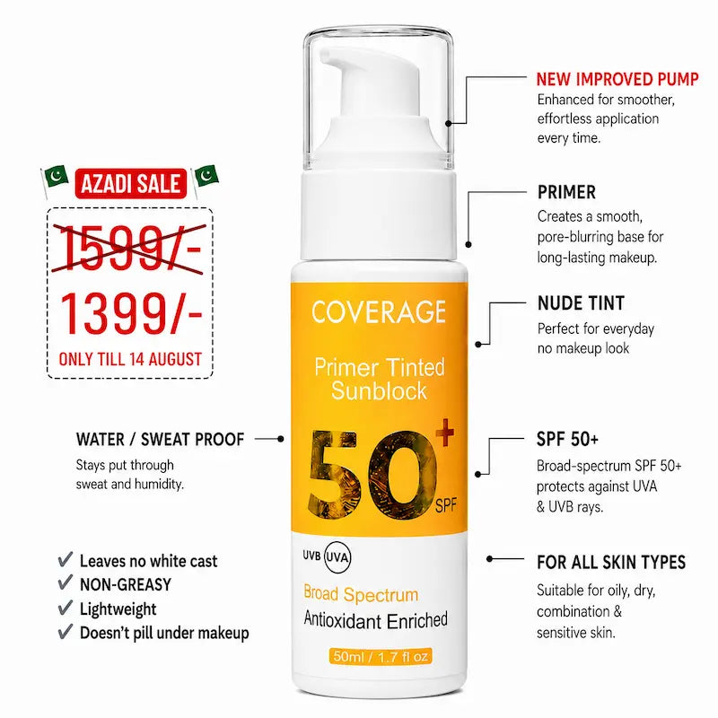 COVERAGE Primer Tinted Sunblock SPF 50+ 50ml with new improved pump, nude tint and broad-spectrum UVA UVB protection