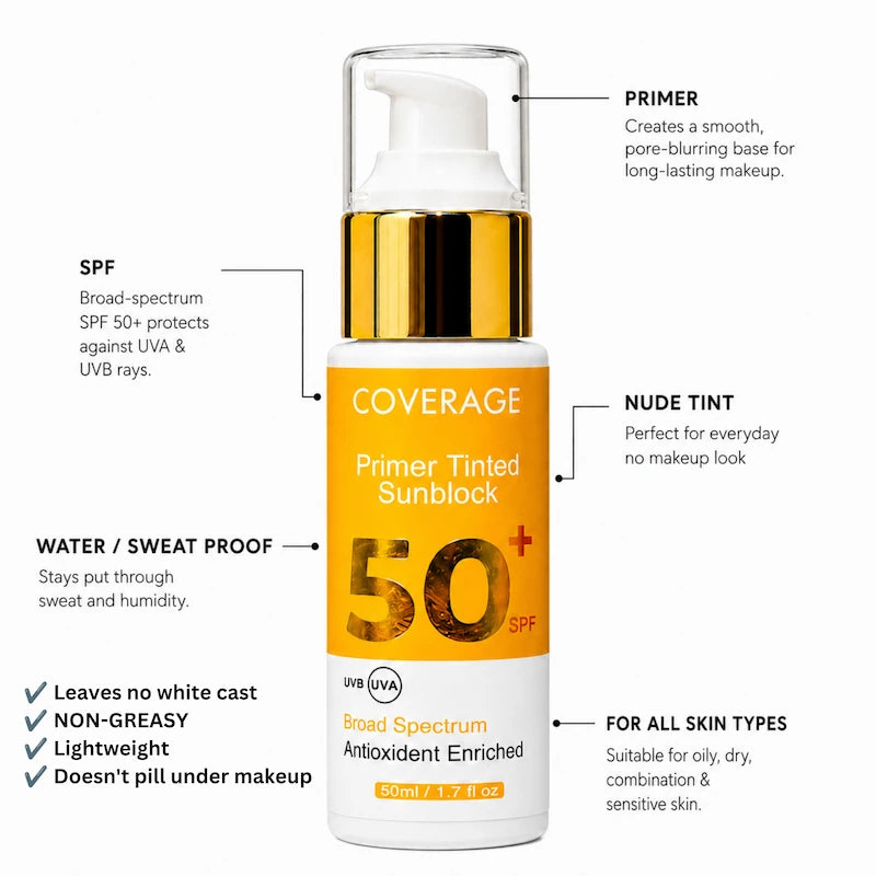 COVERAGE® Primer Tinted Sunblock SPF 50+ — Tinted Sunscreen for Pakistani Skin, No White Cast, Lightweight, Water Resistant