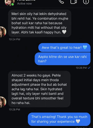 Customer message describing hydrated skin and no oiliness after using the COVERAGE Rice and Milk Toner