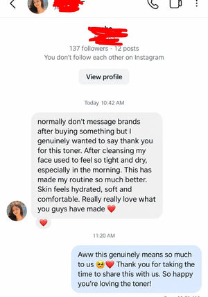Customer message about the COVERAGE Rice and Milk Toner leaving skin soft and comfortable