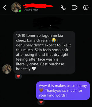 Customer message saying the COVERAGE Rice and Milk Toner cleared their face and was worth repurchasing