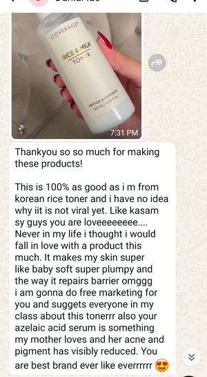Instagram message from a customer saying the COVERAGE Rice and Milk Toner is as good as Korean rice toners and left their skin baby soft
