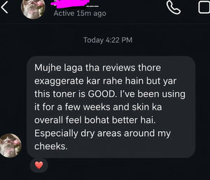 Instagram message from a customer saying the COVERAGE Rice and Milk Toner improved the overall feel of their skin and dry cheeks