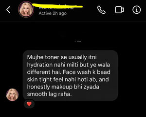 Instagram message from a customer saying the COVERAGE Rice and Milk Toner hydrates without a heavy or sticky feel