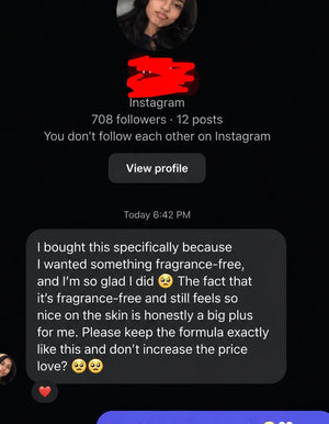 Instagram message from a customer who chose the COVERAGE Rice and Milk Toner because it is fragrance free