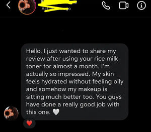 Instagram message from a customer impressed with the COVERAGE Rice and Milk Toner after a month of use, with makeup sitting better